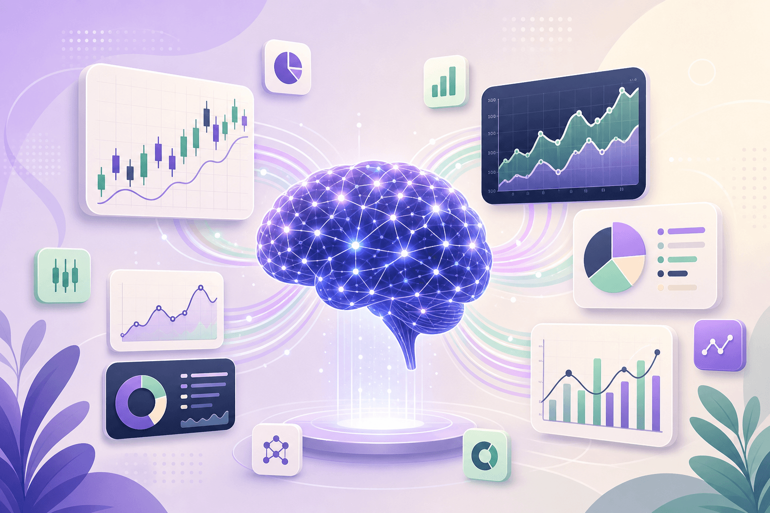 Stilisiertes KI-Gehirn umgeben von Aktiencharts und Datenpanels — die besten KI-Aktienanalyse-Tools 2026 im Überblick.