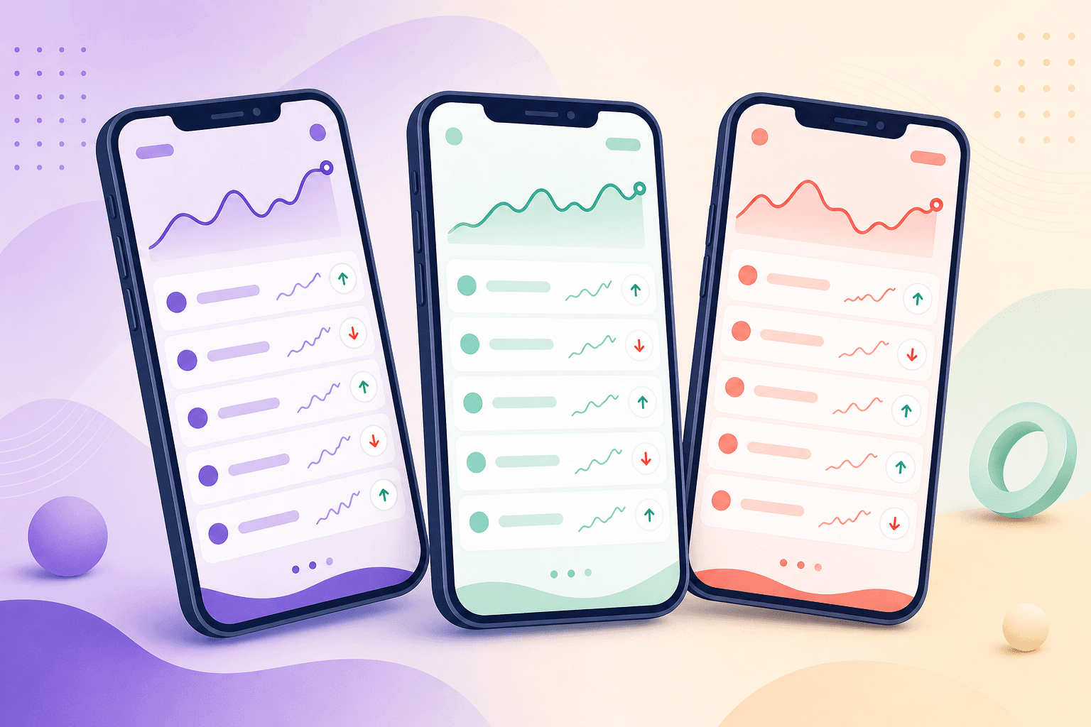 Drei Smartphones nebeneinander mit unterschiedlichen Watchlist-App-Designs in Lila, Mintgrün und Korallrot.
