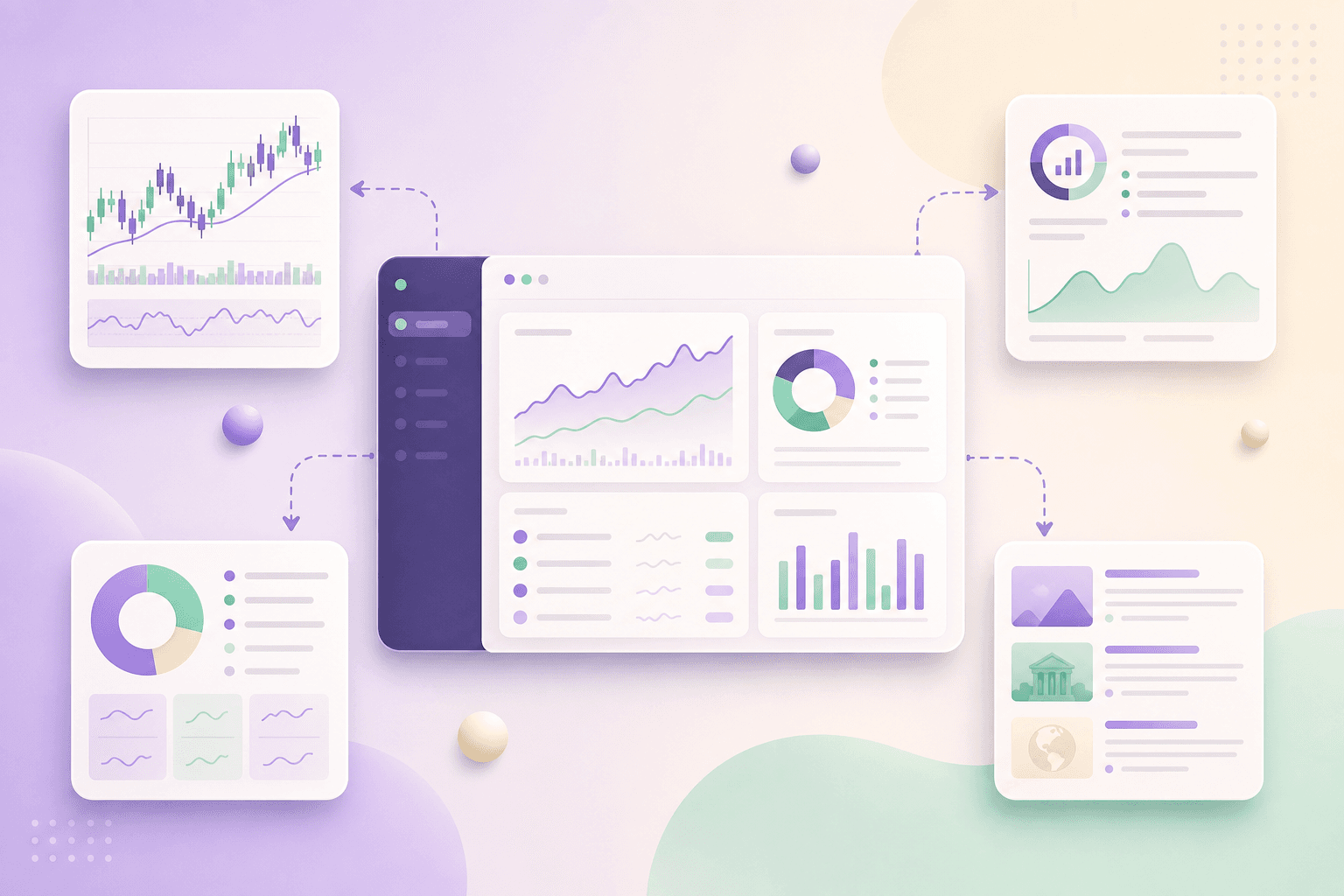 Zentrales Dashboard mit Pfeilen zu spezialisierten Analyse-Tools — Watchlist- und Research-Alternativen.