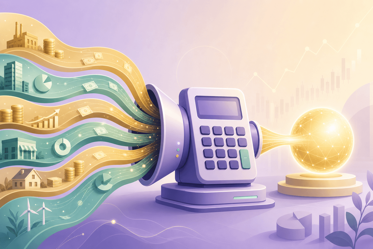 Cashflow-Ströme fließen durch einen Taschenrechner zu einer leuchtenden Barwert-Kugel — DCF-Modell-Illustration.