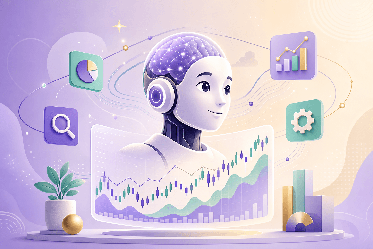Freundlicher KI-Roboter analysiert ein Aktiendiagramm — KI-gestützte Aktien-Research-Tools 2026.