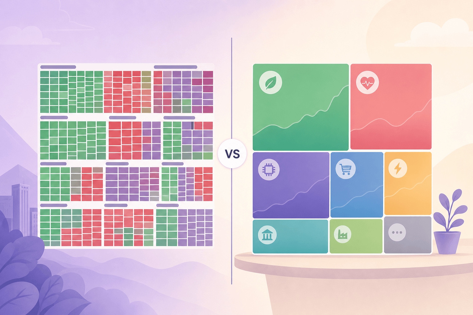 Split-Illustration: links eine breite Markt-Heatmap, rechts eine personalisierte Depot-Treemap mit Sektor-Icons.