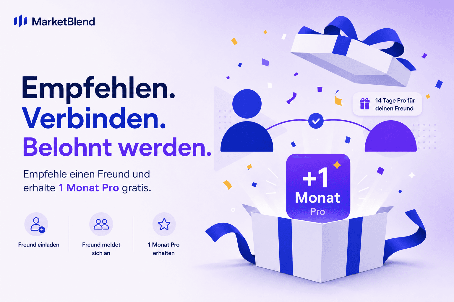 Geschenkbox mit Konfetti, einem '+1 Monat Pro'-Tag und dem Hinweis '14 Tage Pro für deinen Freund', illustriert
