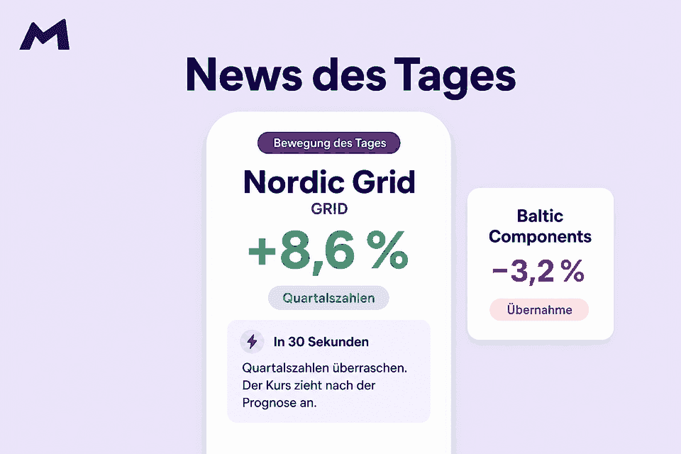 News-des-Tages-Karte auf dem Handy: Bewegung des Tages mit Kursplus, Auslöser Quartalszahlen und Kurztext in 30 Sekunden.