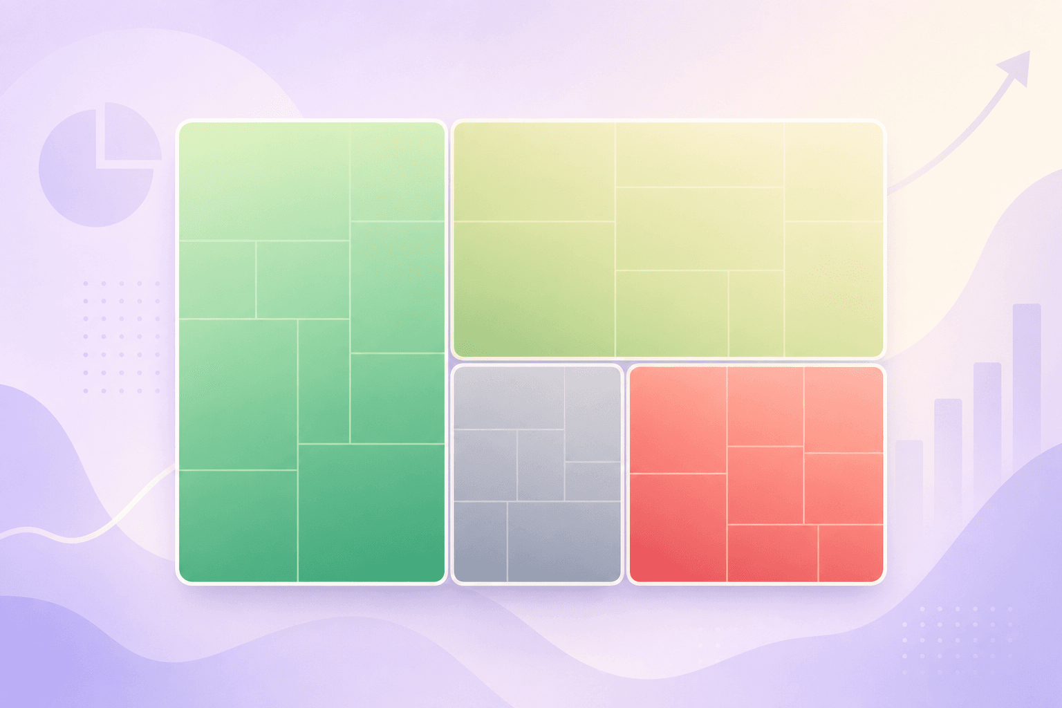 Treemap-Illustration mit grünen, gelben, grauen und roten Kacheln in unterschiedlichen Größen — Portfolio-Heatmap-Vergleich.