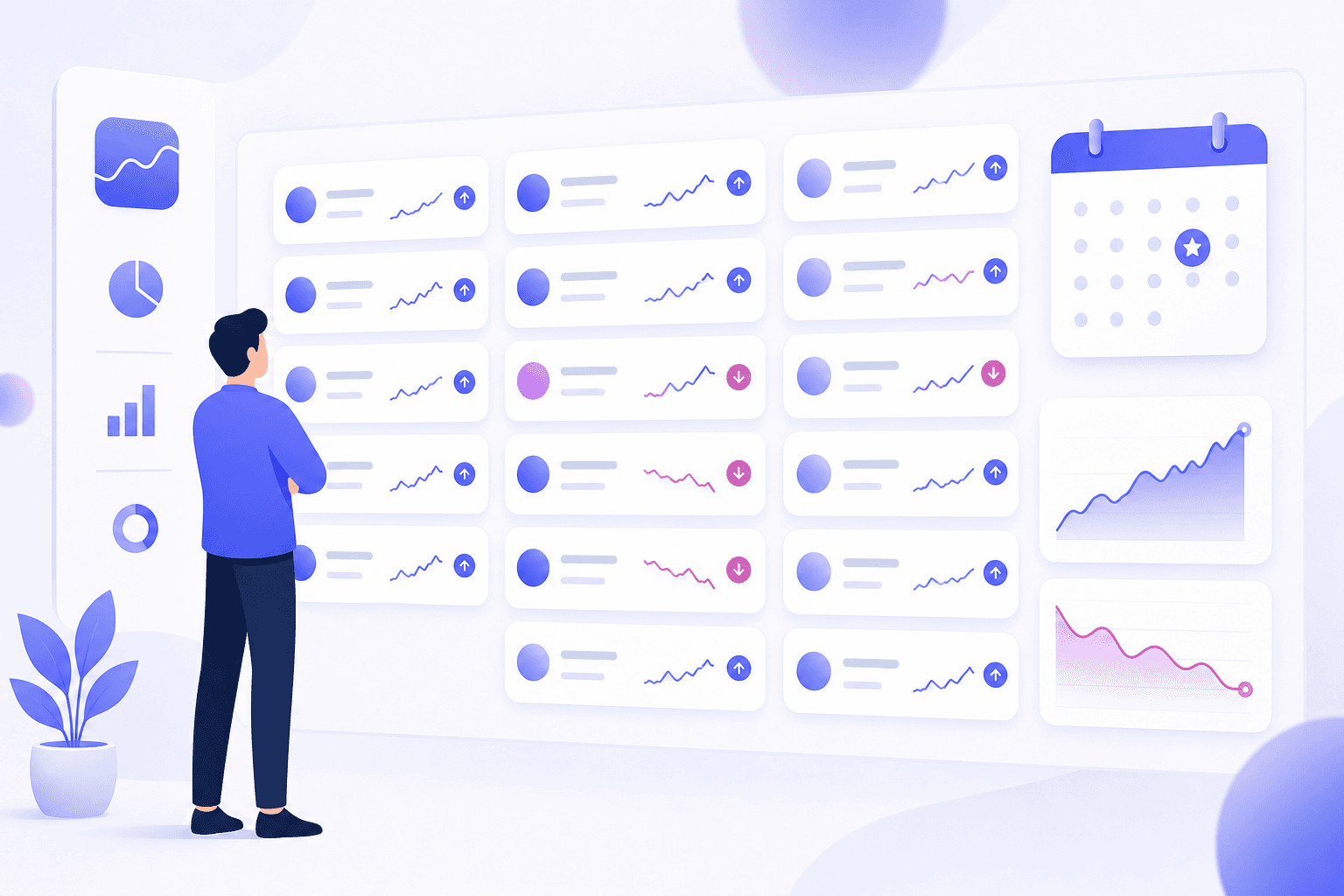 Illustration: Eine Person betrachtet eine aufgeräumte Watchlist-Wand mit Aktien-Kacheln, Kurspfeilen, Earnings-Kalender und Charts.
