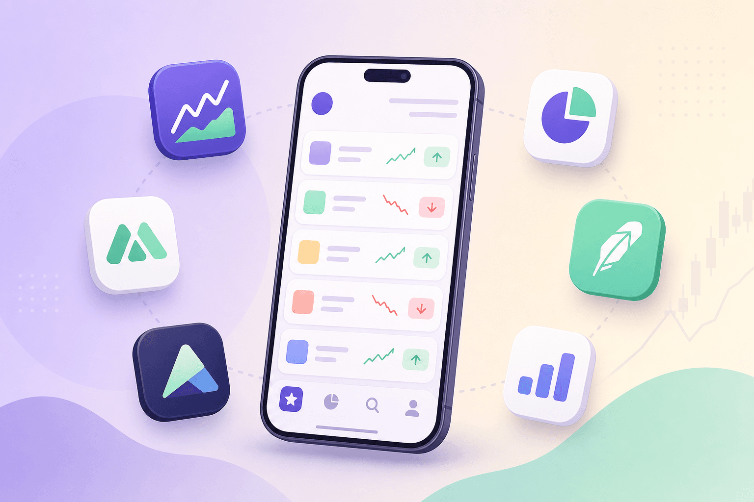 Smartphone mit moderner Watchlist-App, umgeben von alternativen App-Icons als Yahoo-Finance-Alternative.
