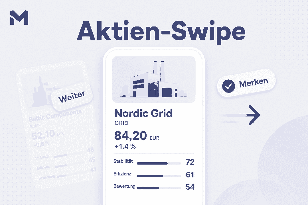 Karten für Aktien-Swipe: rechts Merken, links weiter, mit Stabilität, Effizienz und Bewertung auf der vorderen Karte.