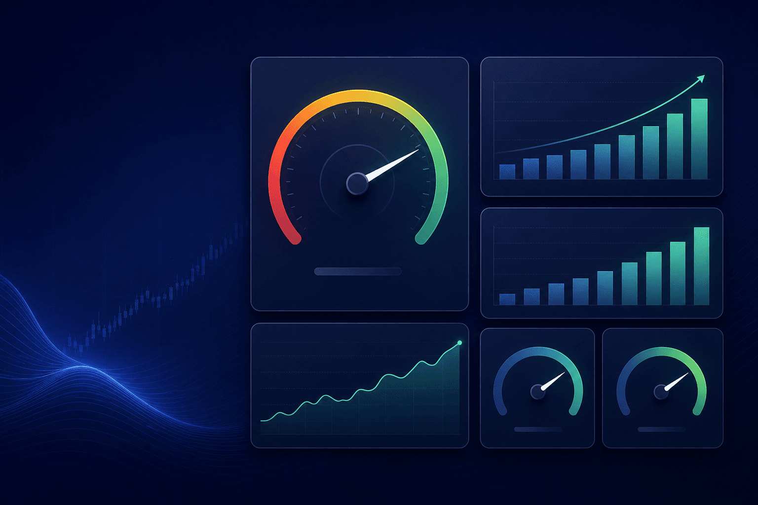 Illustration: Ein Analyse-Dashboard mit Bewertungs-Gauge, DCF-Szenarien, Wachstumskurven und Bilanz-Kacheln für eine einzelne Aktie.