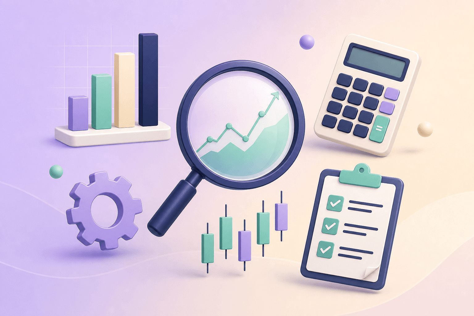Illustration mit Lupe, Balkendiagramm, Taschenrechner und Checkliste — die wichtigsten Aktien-Research-Tools im Überblick.