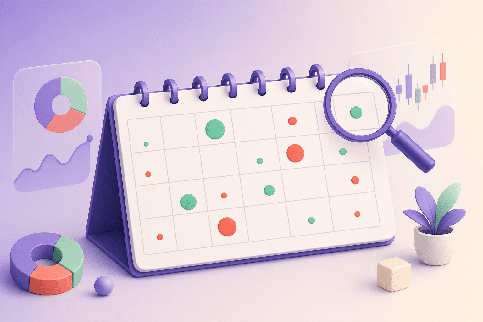 3D-Kalender mit grünen und roten Punkten als Earnings-Indikatoren und einer Lupe — Earnings-Calendar-Tools im Vergleich.