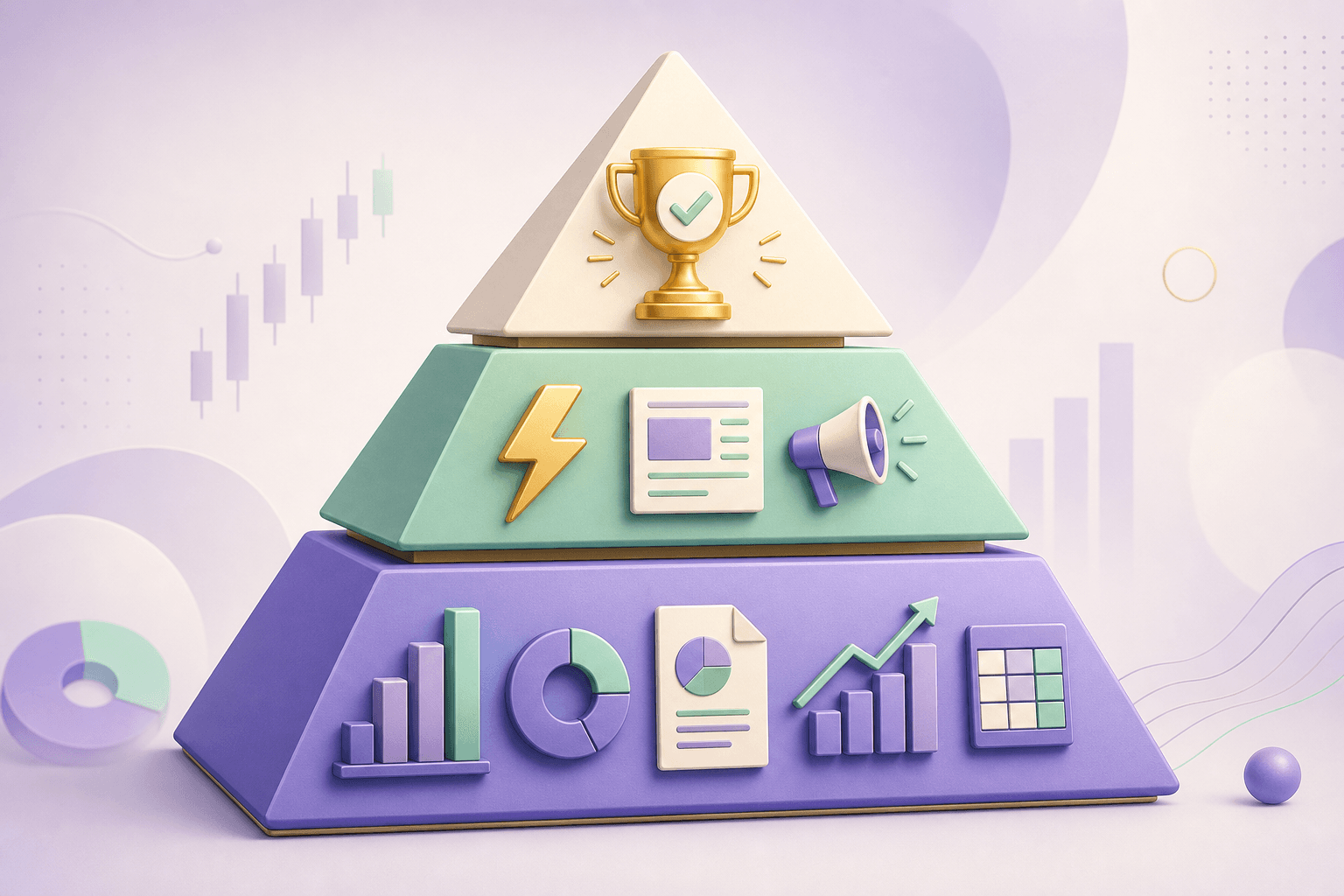 Dreistufige 3D-Pyramide mit Daten-Icons unten, Katalysator-Icons in der Mitte und Pokal oben — Analyse-Pyramide.