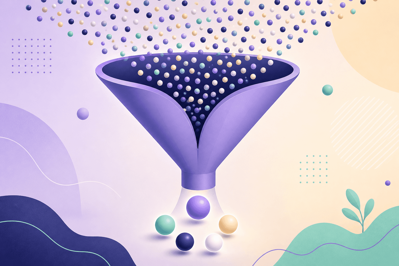Großer Trichter filtert hunderte bunte Punkte auf wenige Treffer — Stock-Screener-Illustration.