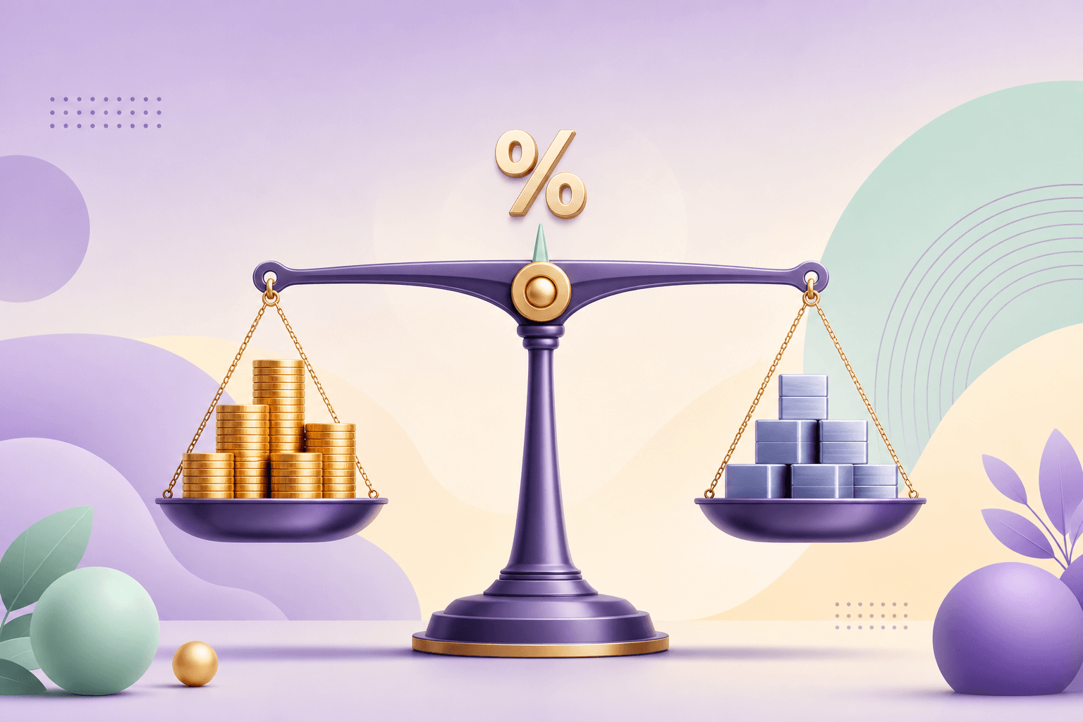 3D-Waage mit Goldmünzen und blauen Blöcken im Gleichgewicht und einem Prozent-Symbol — WACC-Illustration.